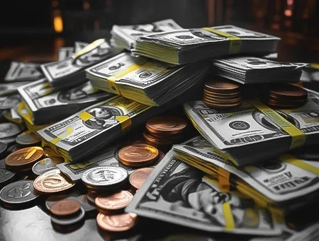 Stacks of banknotes and coins